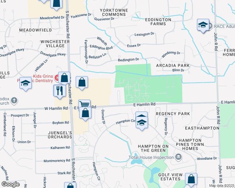 map of restaurants, bars, coffee shops, grocery stores, and more near 1927 Wayside Park in Rochester Hills