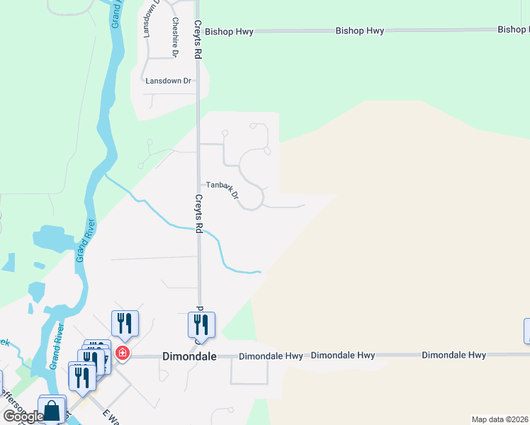 map of restaurants, bars, coffee shops, grocery stores, and more near 422 Windrock Lane in Windsor charter Township
