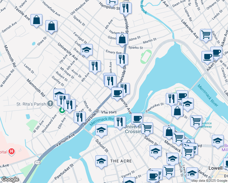 map of restaurants, bars, coffee shops, grocery stores, and more near Riverside St & University Ave in Lowell