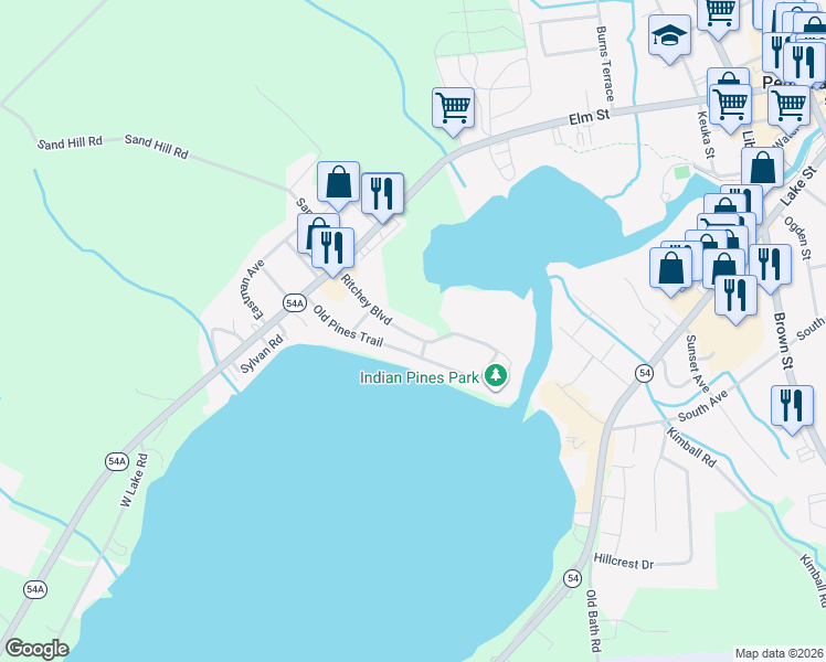map of restaurants, bars, coffee shops, grocery stores, and more near 410 Ritchey Boulevard in Penn Yan