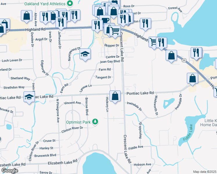 map of restaurants, bars, coffee shops, grocery stores, and more near 1061 Buster Dr in Waterford Township