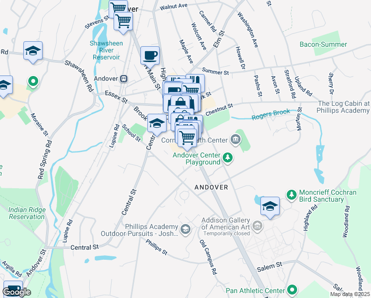 map of restaurants, bars, coffee shops, grocery stores, and more near 93 Main Street in Andover