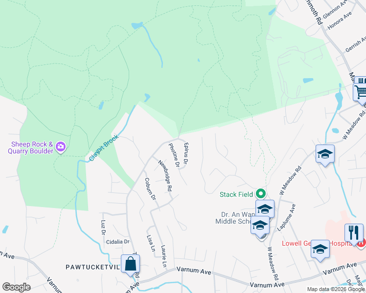map of restaurants, bars, coffee shops, grocery stores, and more near 26 Epirus Drive in Lowell