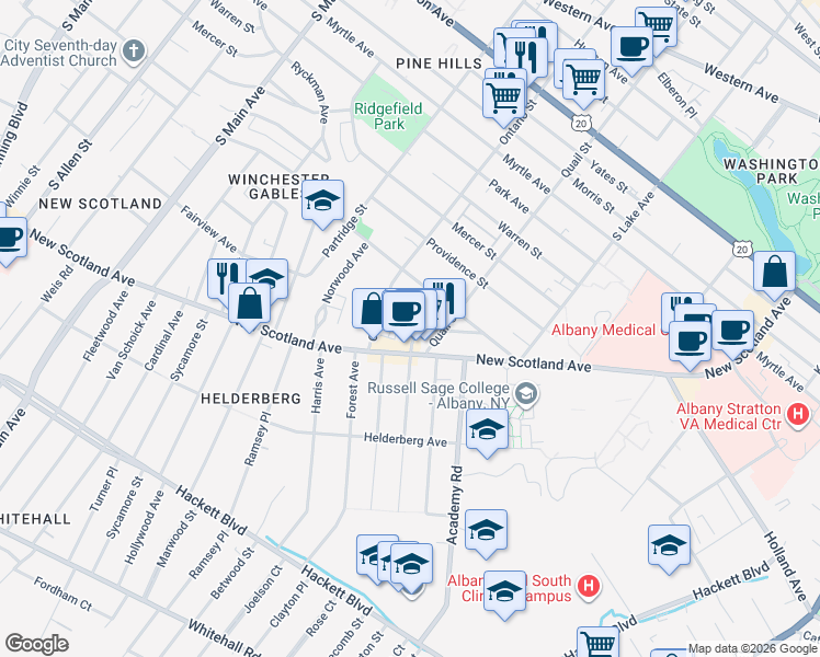map of restaurants, bars, coffee shops, grocery stores, and more near 14 Grove Avenue in Albany