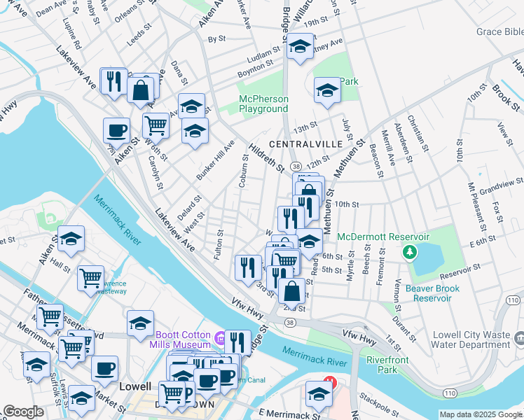map of restaurants, bars, coffee shops, grocery stores, and more near 99 Jewett Street in Lowell
