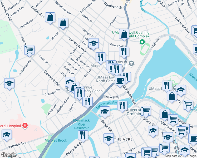 map of restaurants, bars, coffee shops, grocery stores, and more near 93 Mount Hope Street in Lowell