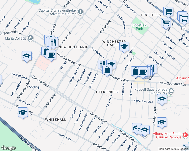 map of restaurants, bars, coffee shops, grocery stores, and more near 7 Sycamore Street in Albany