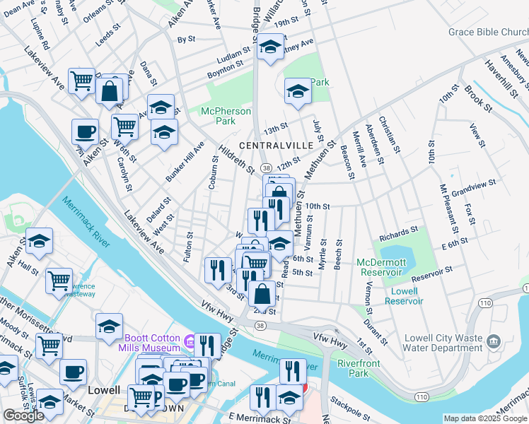 map of restaurants, bars, coffee shops, grocery stores, and more near 686 Bridge Street in Lowell