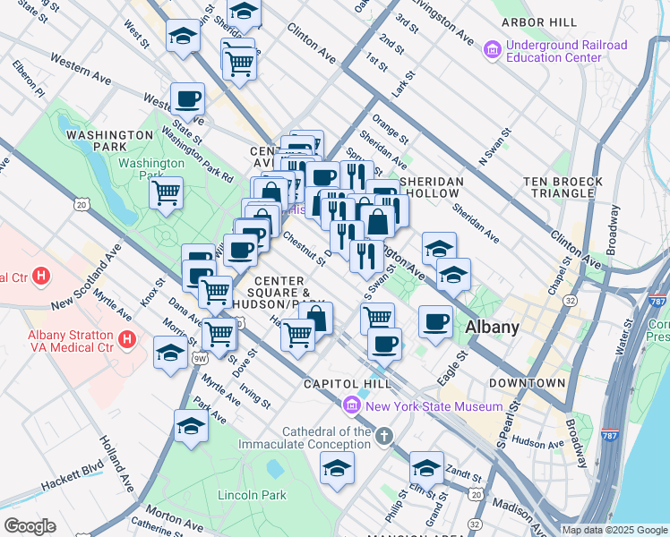 map of restaurants, bars, coffee shops, grocery stores, and more near 101 Chestnut Street in Albany