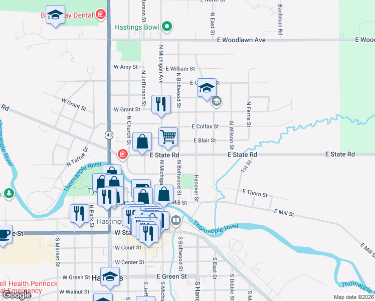 map of restaurants, bars, coffee shops, grocery stores, and more near 319 East State Road in Hastings