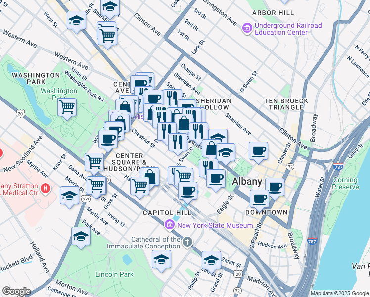 map of restaurants, bars, coffee shops, grocery stores, and more near 80 South Swan Street in Albany
