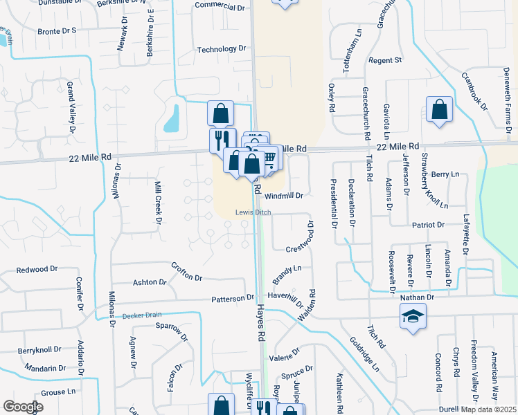 map of restaurants, bars, coffee shops, grocery stores, and more near 48597 Hayes Road in Shelby charter Township
