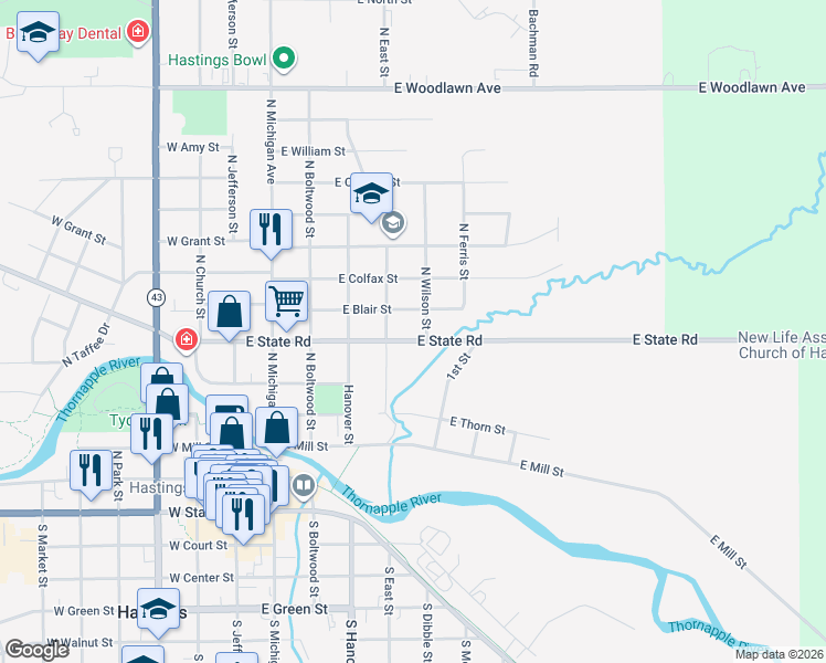 map of restaurants, bars, coffee shops, grocery stores, and more near 529 East State Road in Hastings