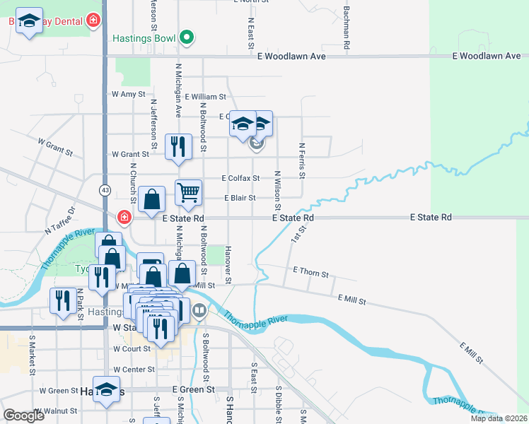 map of restaurants, bars, coffee shops, grocery stores, and more near 529 East State Road in Hastings
