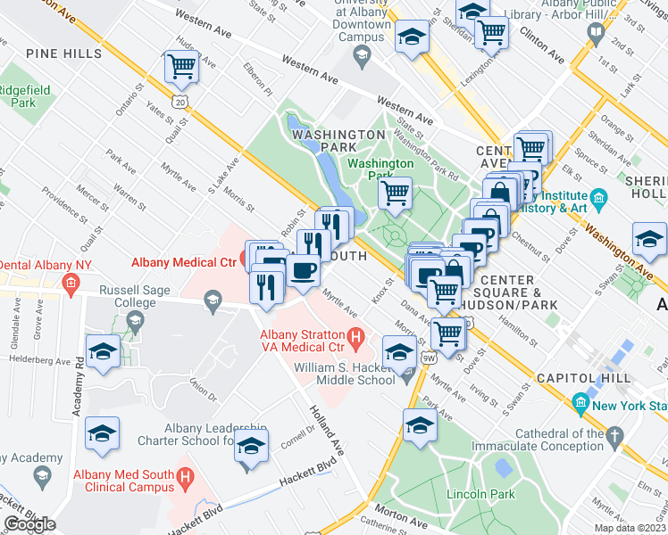 map of restaurants, bars, coffee shops, grocery stores, and more near 135 Morris Street in Albany