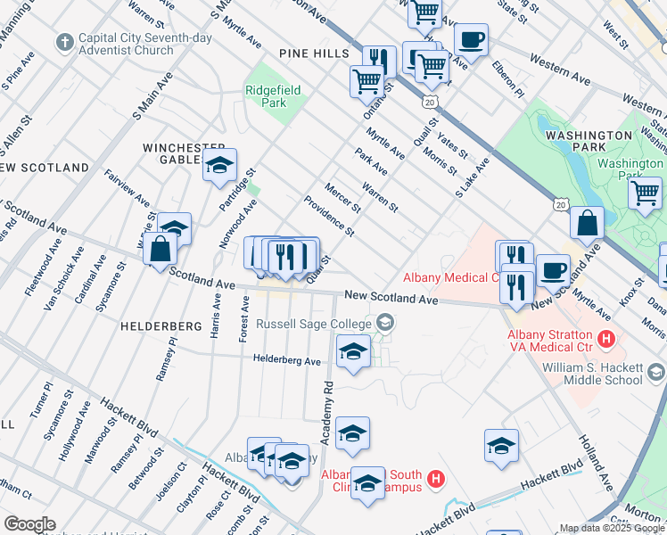 map of restaurants, bars, coffee shops, grocery stores, and more near 46 Woodlawn Avenue in Albany