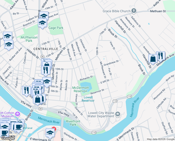 map of restaurants, bars, coffee shops, grocery stores, and more near 219 North Llewellyn Street in Lowell