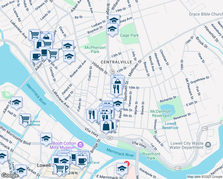 map of restaurants, bars, coffee shops, grocery stores, and more near 686 Bridge Street in Lowell