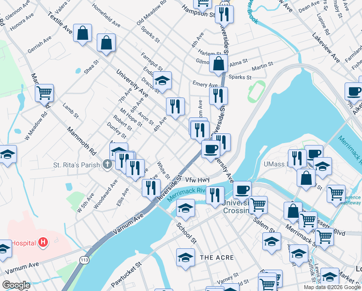 map of restaurants, bars, coffee shops, grocery stores, and more near 20 Gershom Avenue in Lowell