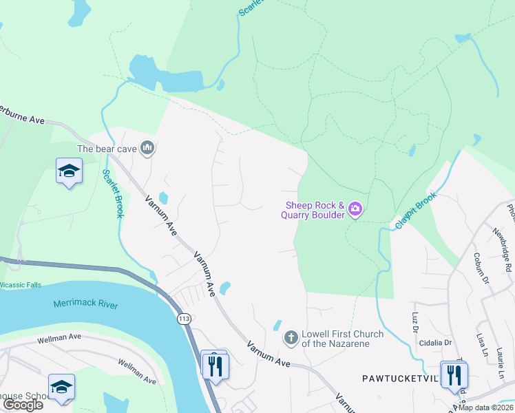 map of restaurants, bars, coffee shops, grocery stores, and more near 24 Perron Way in Lowell