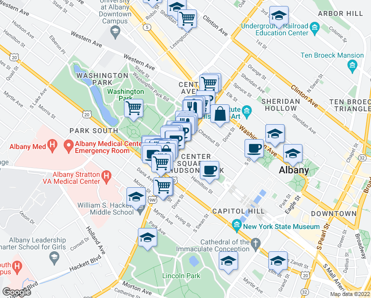 map of restaurants, bars, coffee shops, grocery stores, and more near 222 Jay Street in Albany