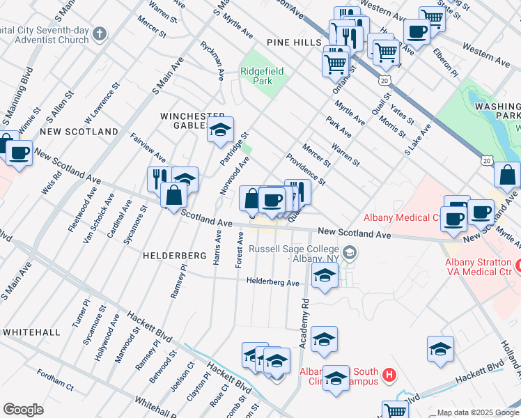map of restaurants, bars, coffee shops, grocery stores, and more near 470B Ontario Street in Albany