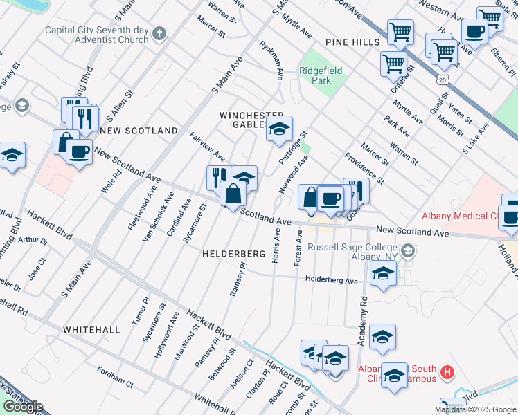 map of restaurants, bars, coffee shops, grocery stores, and more near 5 Glenwood Street in Albany