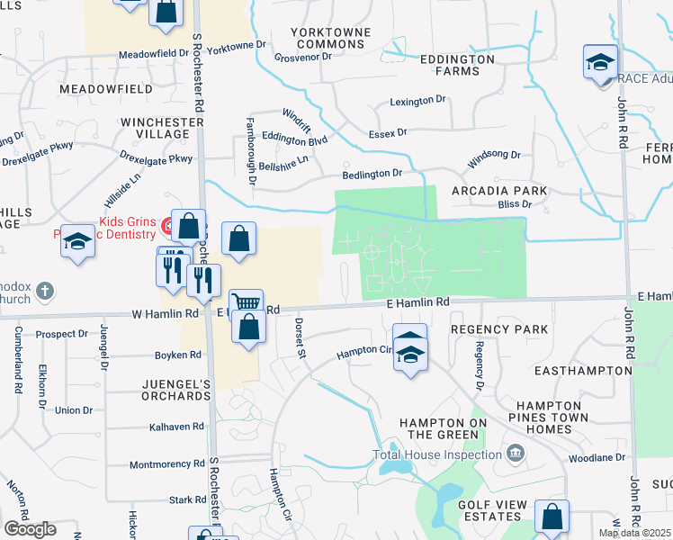 map of restaurants, bars, coffee shops, grocery stores, and more near 235 East Hamlin Road in Rochester Hills