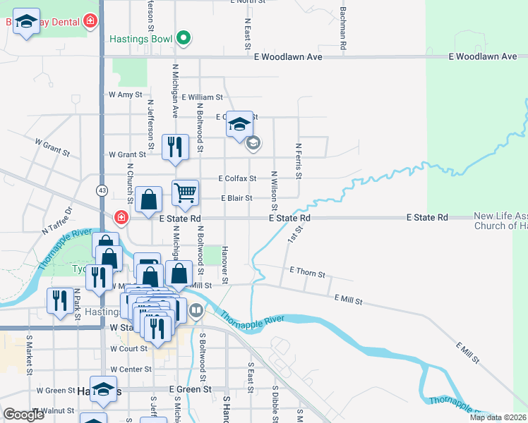 map of restaurants, bars, coffee shops, grocery stores, and more near 529 East State Road in Hastings