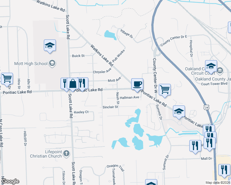 map of restaurants, bars, coffee shops, grocery stores, and more near 2627 Pontiac Lake Road in Waterford Township