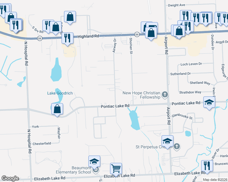 map of restaurants, bars, coffee shops, grocery stores, and more near 1123 Airway Drive in Oakland County
