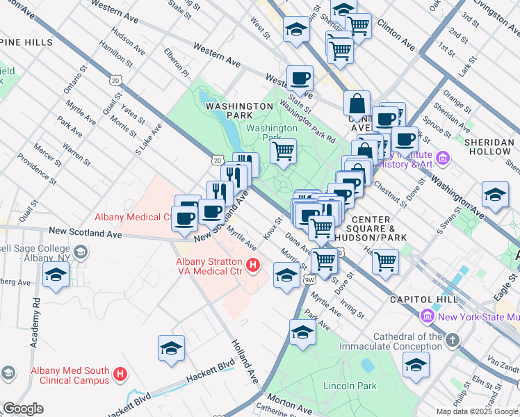 map of restaurants, bars, coffee shops, grocery stores, and more near 85 Dana Avenue in Albany