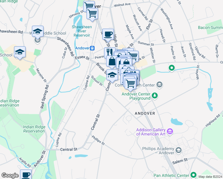 map of restaurants, bars, coffee shops, grocery stores, and more near 36 Central Street in Andover