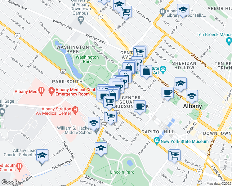 map of restaurants, bars, coffee shops, grocery stores, and more near 364 Hudson Avenue in Albany