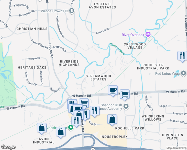 map of restaurants, bars, coffee shops, grocery stores, and more near 1837 Van Hill Court in Rochester Hills