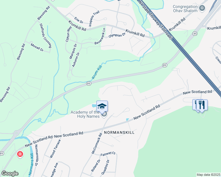 map of restaurants, bars, coffee shops, grocery stores, and more near 57 Woodside Drive in Albany