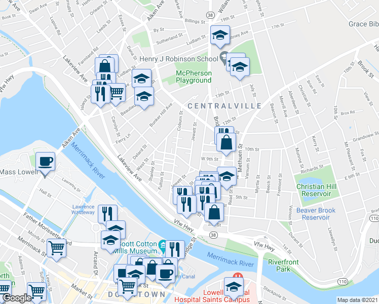 map of restaurants, bars, coffee shops, grocery stores, and more near 102 Jewett Street in Lowell