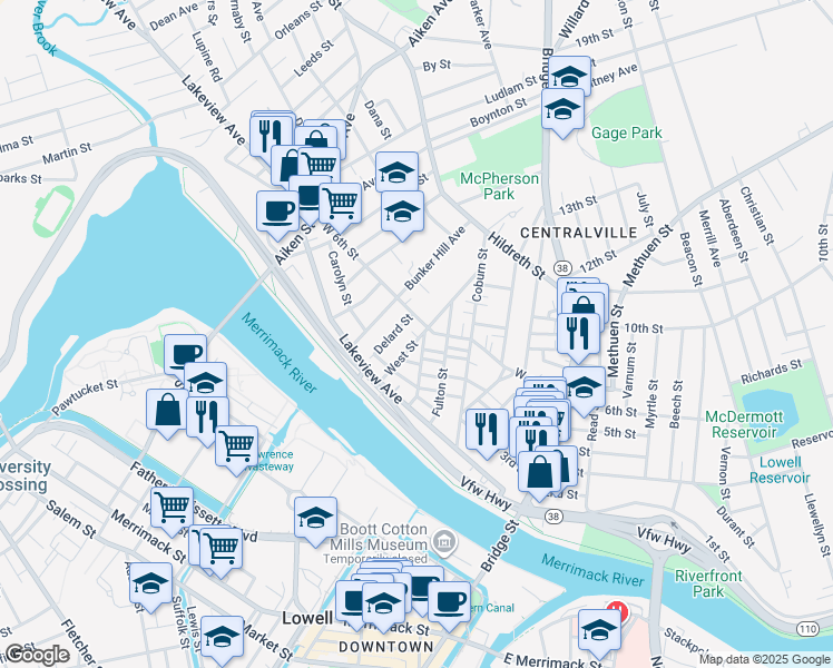 map of restaurants, bars, coffee shops, grocery stores, and more near 60 West Street in Lowell