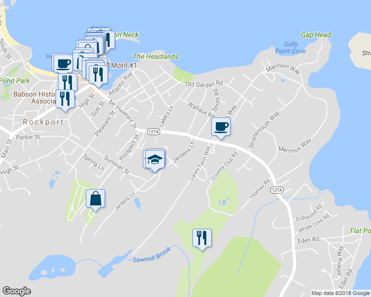 map of restaurants, bars, coffee shops, grocery stores, and more near 3 Jerdens Lane in Rockport