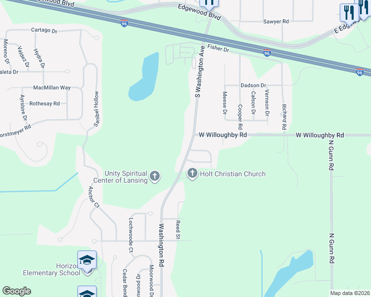 map of restaurants, bars, coffee shops, grocery stores, and more near 2475 Washington Road in Lansing