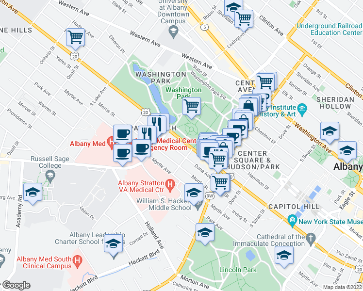 map of restaurants, bars, coffee shops, grocery stores, and more near in Albany