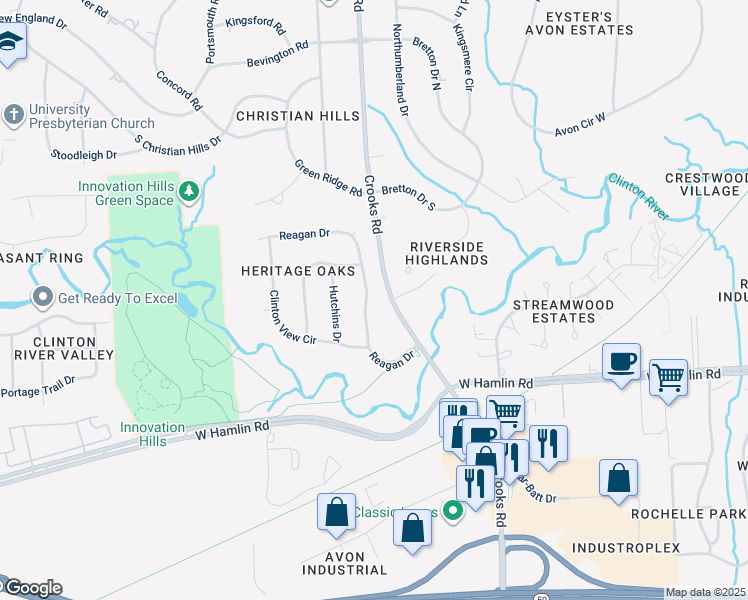 map of restaurants, bars, coffee shops, grocery stores, and more near 2052 Reagan Drive in Rochester Hills