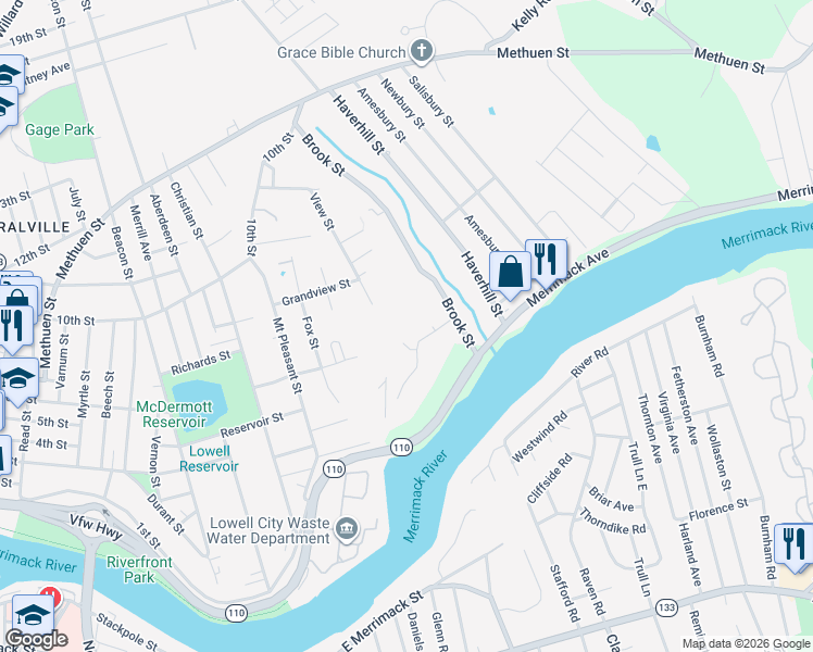 map of restaurants, bars, coffee shops, grocery stores, and more near 100 Merrimack Avenue in Dracut