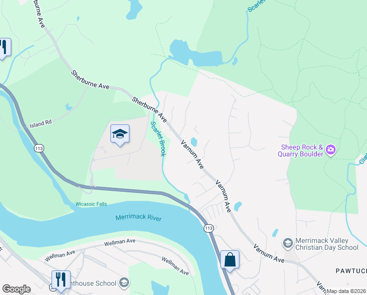 map of restaurants, bars, coffee shops, grocery stores, and more near 1587 Varnum Avenue in Lowell