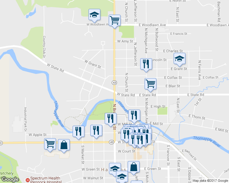 map of restaurants, bars, coffee shops, grocery stores, and more near 607 North Broadway in Hastings