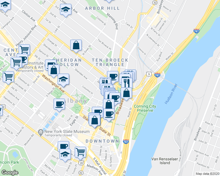 map of restaurants, bars, coffee shops, grocery stores, and more near 56 Orange Street in Albany