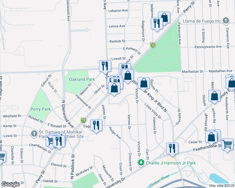 map of restaurants, bars, coffee shops, grocery stores, and more near 780 North Perry Street in Pontiac