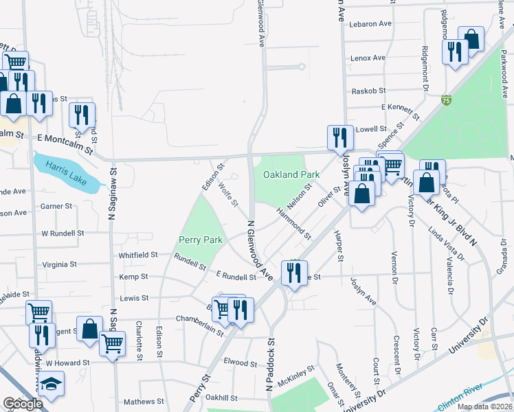 map of restaurants, bars, coffee shops, grocery stores, and more near 148 North Glenwood Avenue in Pontiac