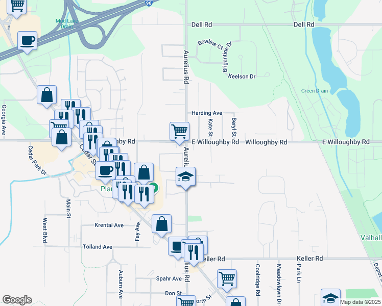 map of restaurants, bars, coffee shops, grocery stores, and more near 2470 North Aurelius Road in Delhi charter Township