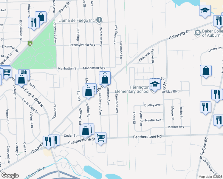 map of restaurants, bars, coffee shops, grocery stores, and more near 544 Cameron Avenue in Pontiac